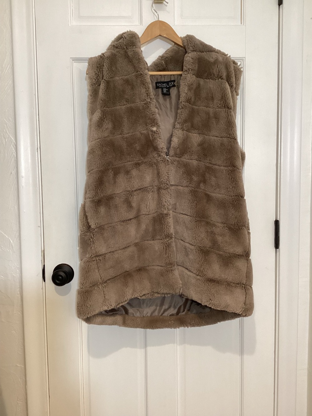 Rachel Zoe Taupe Faux Fur Vest hooded hook & clasp XL